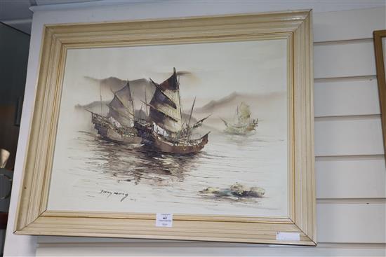 Tong Wong, two oils on canvas, Studies of junks at sea, 44 x 59cm, and a Chinese painting on silk